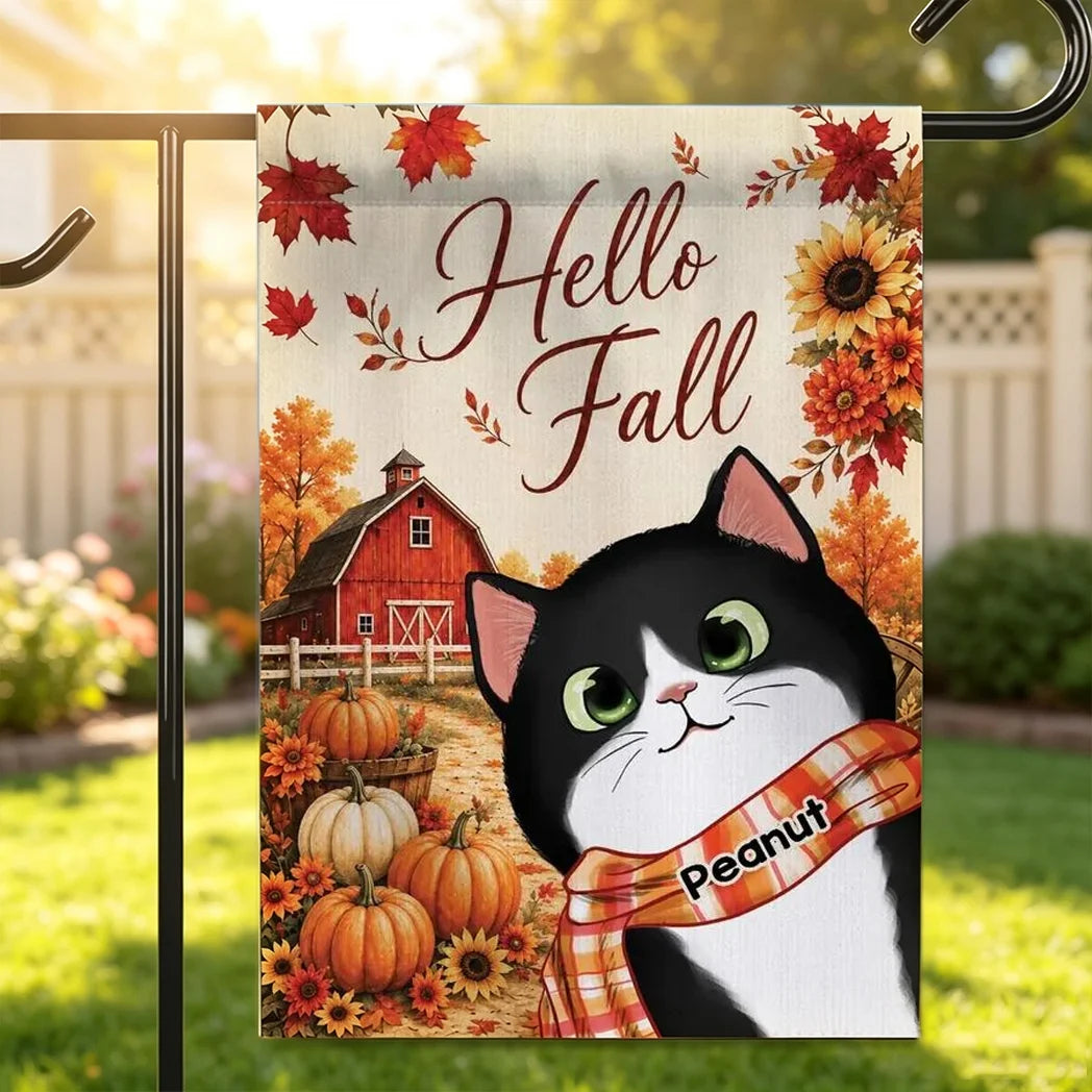 Personalized Garden Flag, Cute Black Cat in a Rustic Fall Farm Scene, Creative Gift for Cat Lovers