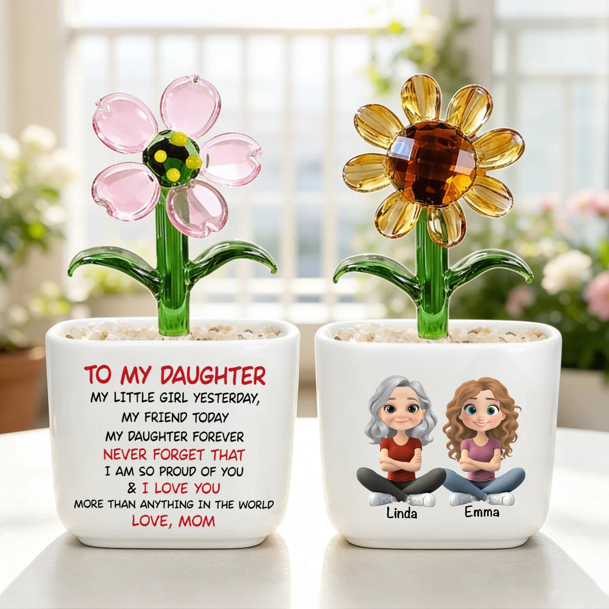 My Daughter Forever Square Glass Planter, Personalized Seated Mother and Daughter Art, Unique Creative Gift from Mom