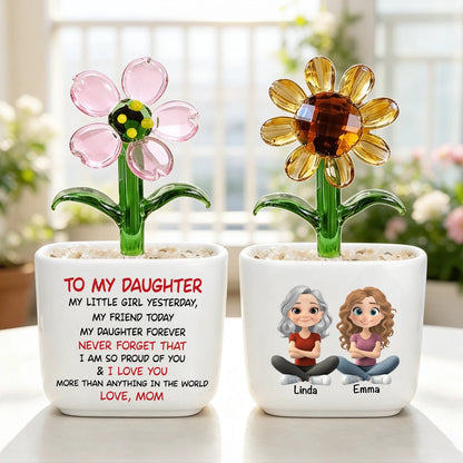 My Daughter Forever Square Glass Planter, Personalized Seated Mother and Daughter Art, Unique Creative Gift from Mom