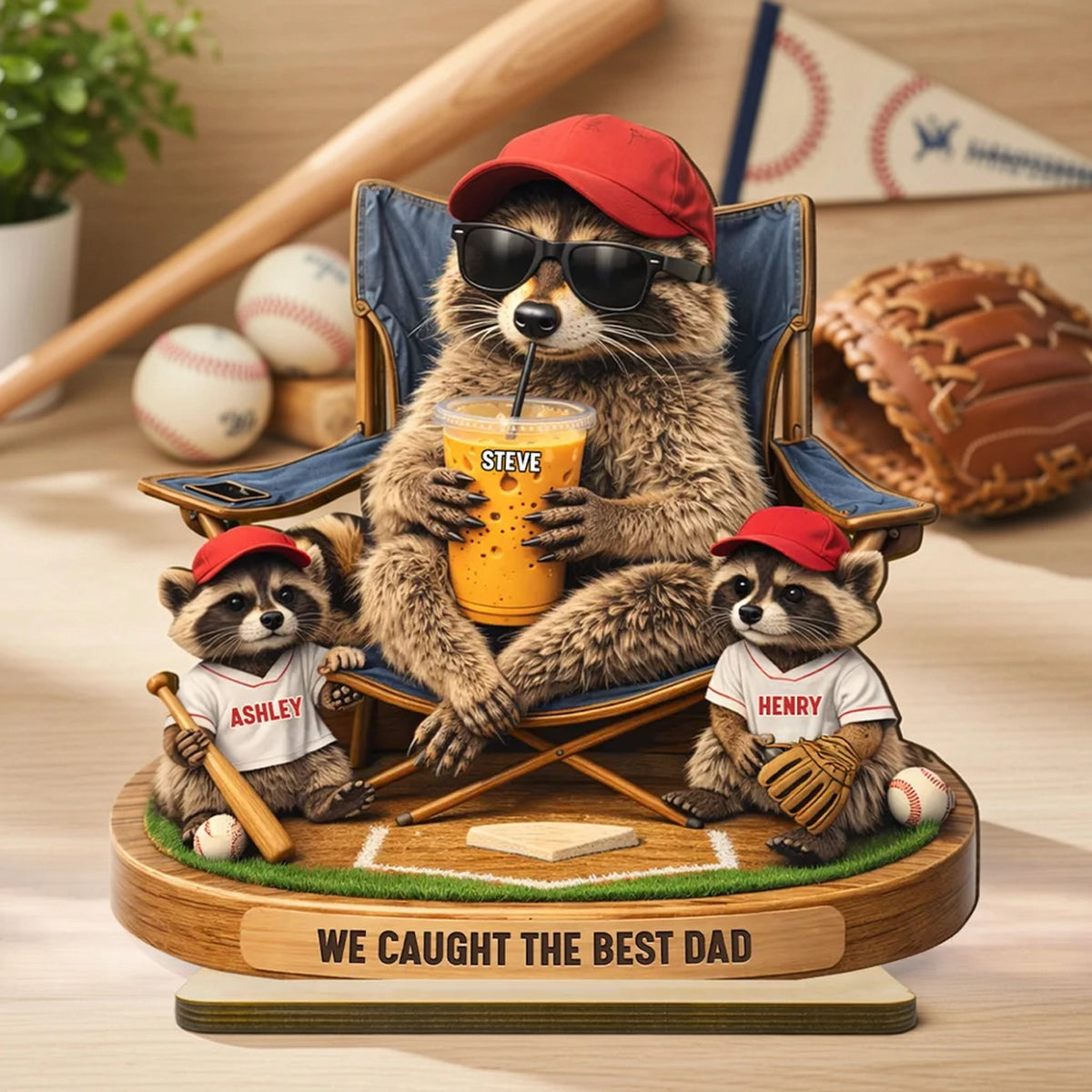 Personalized 2-Layer Wooden Plaque, Funny Raccoon Baseball Dad Scene, Unique Father's Day Gift