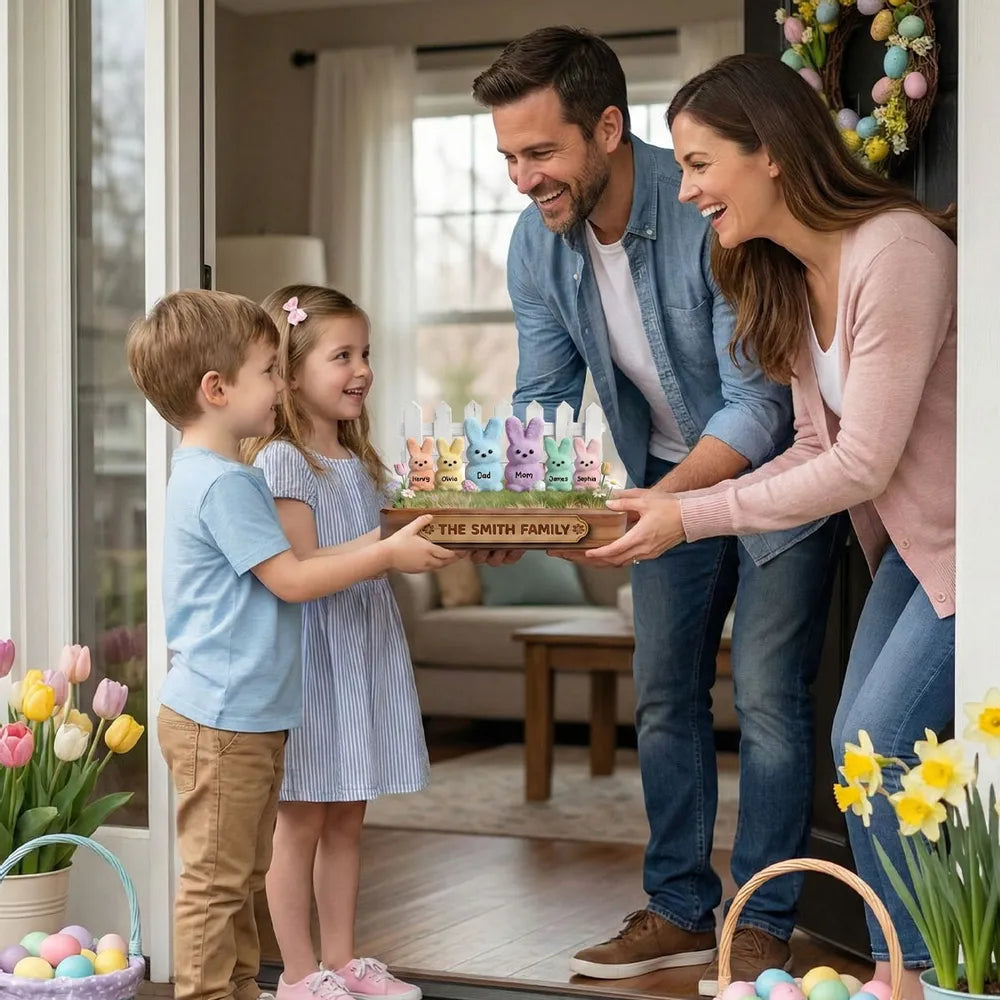 Personalized Easter Bunny Family 2-Layer Wooden Plaque, Pastel Spring Shelf Decor, Unique Gift For Family