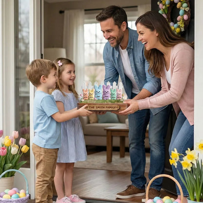 Personalized Easter Bunny Family 2-Layer Wooden Plaque, Pastel Spring Shelf Decor, Unique Gift For Family