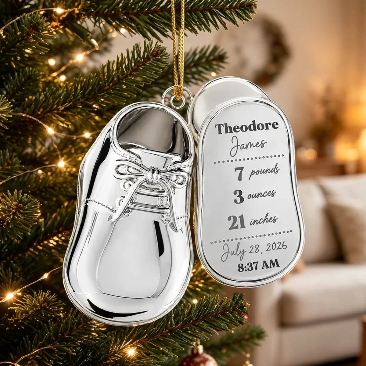 Personalized Acrylic Ornament, Silver Baby Shoe Hanging on a Festive Tree, Creative Keepsake Gift for Mom & Dad