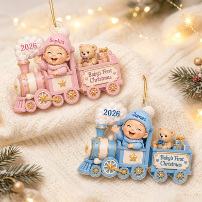 Personalized Acrylic Ornament, Waving Baby Toy Train First Christmas, Unique Gift for New Parents