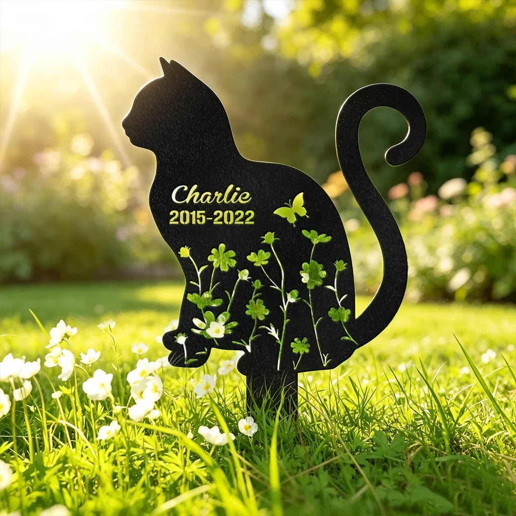Personalized Metal Garden Stake, Sitting Cat & Wildflower Design, Creative Memorial Gift for Pet Owners