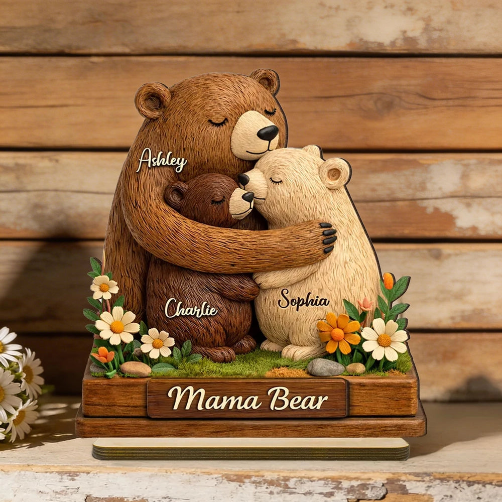 Personalized 2-Layer Wooden Plaque Mama Bear Hugging Cubs, Sweet Floral Family Keepsake, Unique Gift for Mom or Grandma