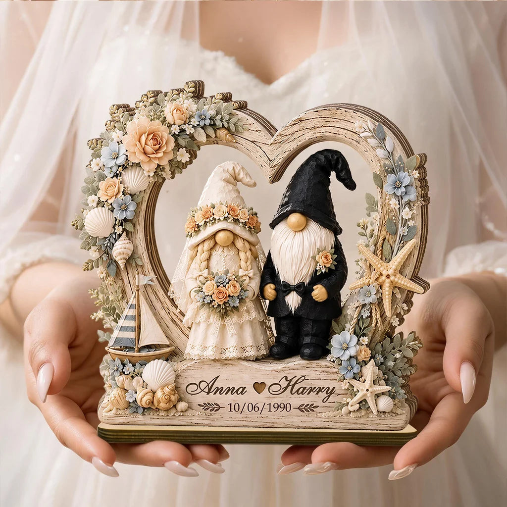 Personalized 2-Layer Wooden Plaque, Coastal Wedding Gnome Couple in Floral Heart, Unique Gift for Couples