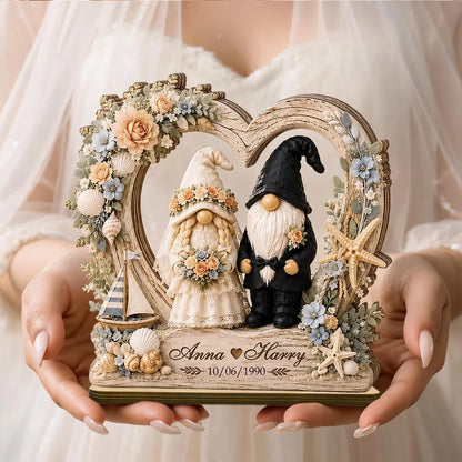 Personalized 2-Layer Wooden Plaque, Coastal Wedding Gnome Couple in Floral Heart, Unique Gift for Couples