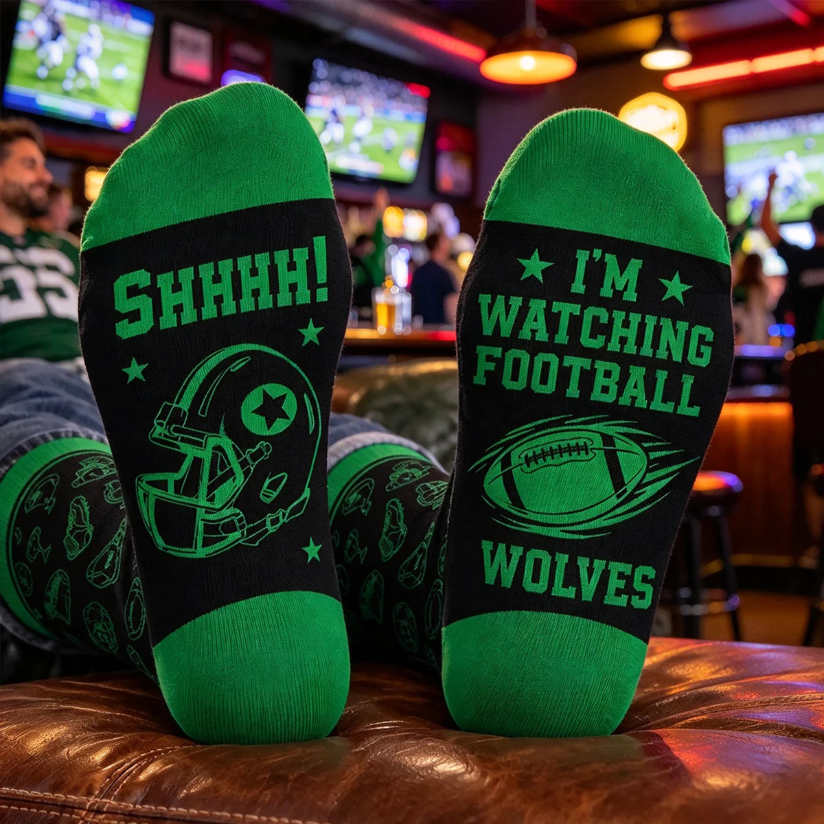 Personalized Crew Socks, Green Football Design for Lounging on Game Day, Unique Gift for Dad