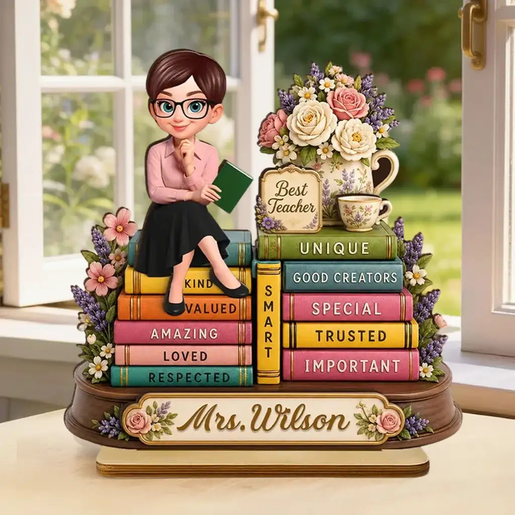 Personalized 2-Layer Wooden Plaque, Floral Teacher Books Desk Decor, Unique Gift for Teacher