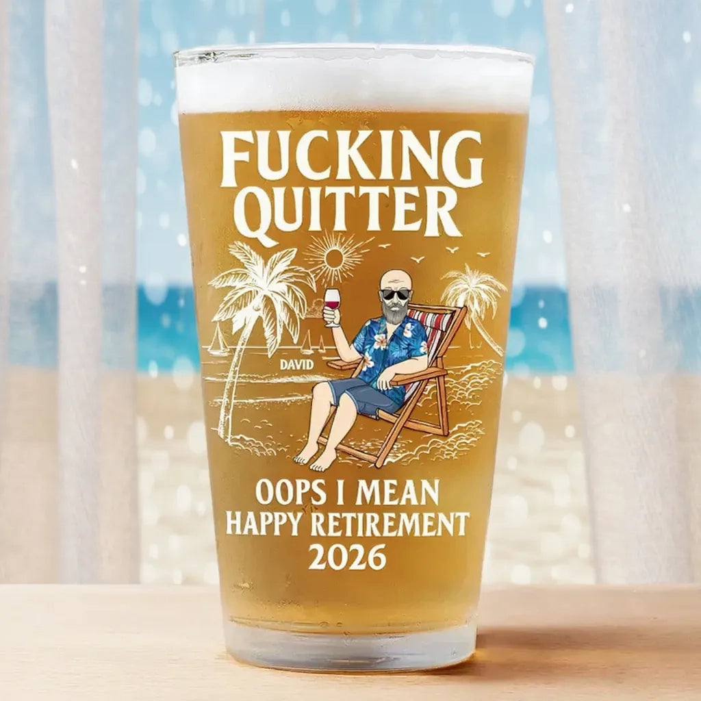 Personalized Beer Glass with Beach Lounger Character, Funny Retirement Gift Idea for Coworker or Boss