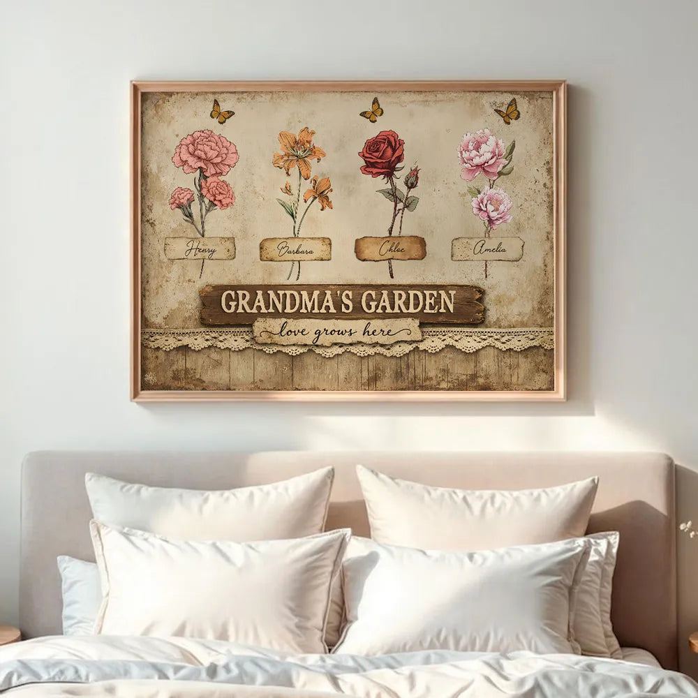 Personalized Grandma's Garden Poster, Vintage Floral Butterflies Wall Art, Unique Gift for Grandma or Mom