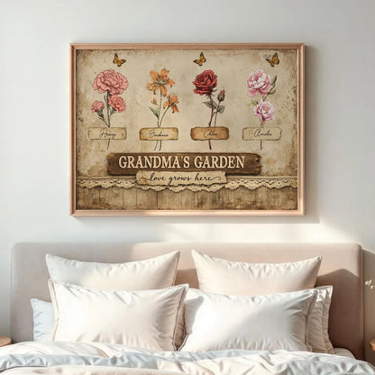 Personalized Grandma's Garden Poster, Vintage Floral Butterflies Wall Art, Unique Gift for Grandma or Mom