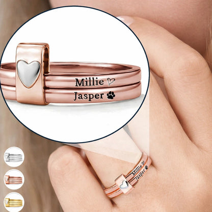 Personalized 2-Ring Heart Stacking Rings for Dog Moms & Cat Moms - Unique Pet Name Gift with Paw Print Love