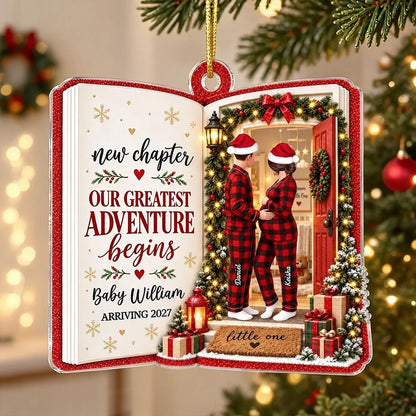 Personalized Acrylic Ornament, New Chapter Couple Cradling Baby Bump in Christmas Scene, Creative Gift for New Parents
