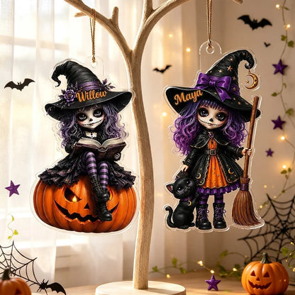 Personalized Acrylic Ornament, Little Witch On Pumpkin With Black Cat, Unique Halloween Gift For Daughter