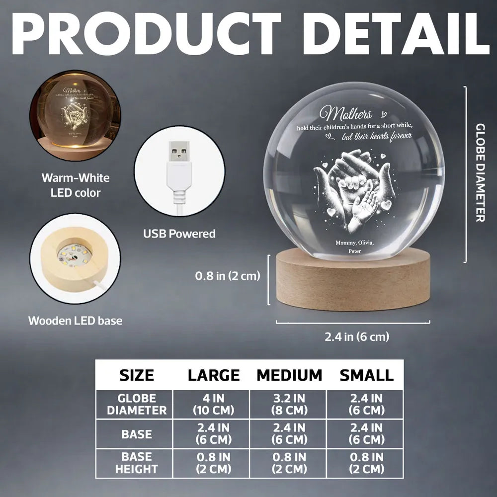 Personalized Crystal Ball LED Night Light Mother & Child Hands Night Light, Heartwarming Keepsake, Unique Gift for Mom