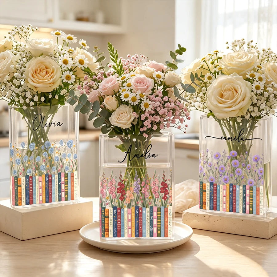 Personalized Acrylic Book Vase, Pastel Floral Bookshelf Decor, Unique Gift for Book Lovers