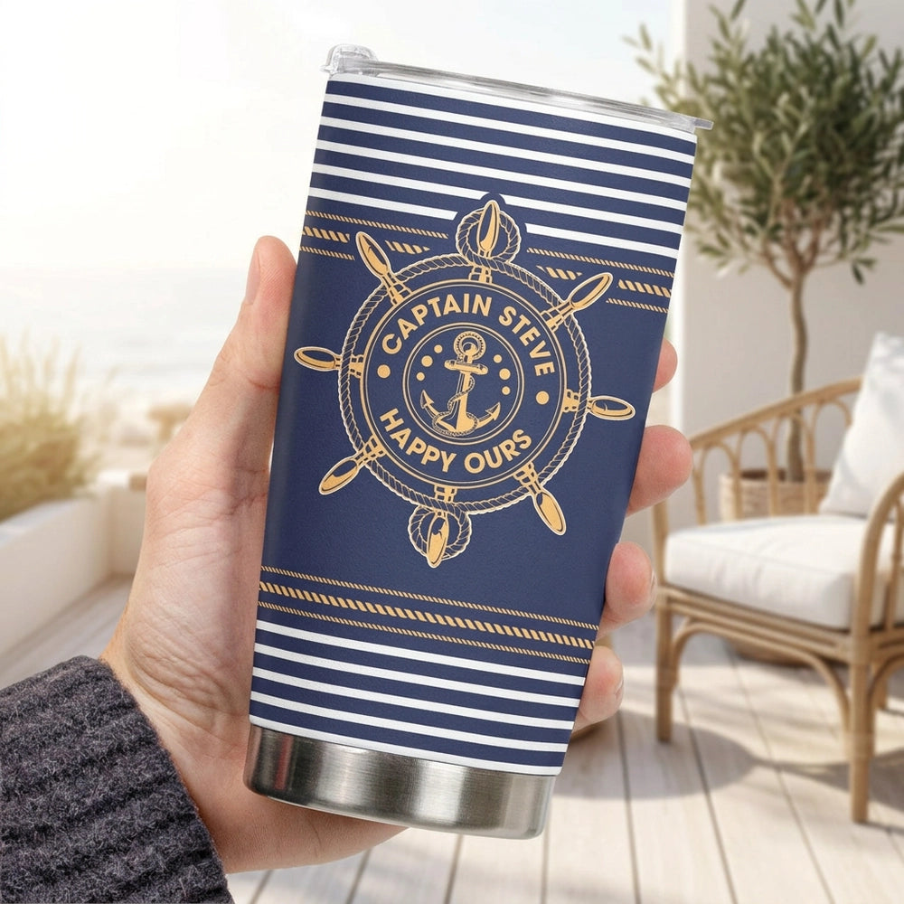 Insulated Travel Tumbler with Custom Captain Name, Navy Stripes Anchor Wheel, Thoughtful Gift for Boat Lovers