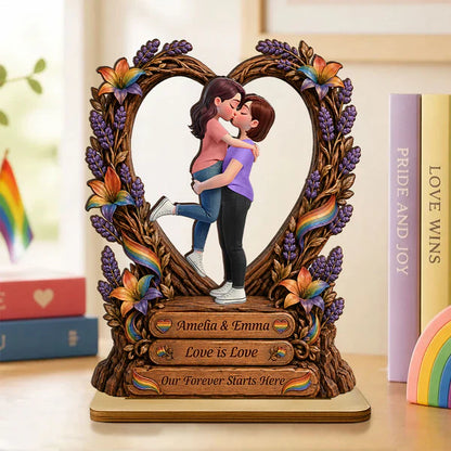 Personalized Wooden Plaque, Kissing LGBT Couple With Rainbow Flag, Unique Creative Gift for Couple