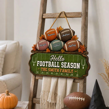 Personalized Wooden Sign, Rustic Football Family Decor with Autumn Leaves, Unique Gift for Sports Fans