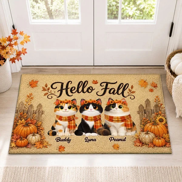 Personalized Standard Doormat with Sitting Cats, Pumpkins and Leaves, Creative Housewarming Gift for Pet Owners