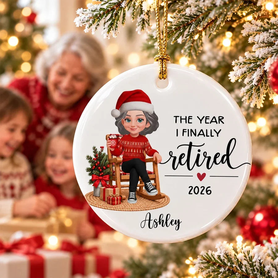 Personalized Ceramic Ornament, Retired Woman Holding a Mug in a Christmas Rocking Chair Scene, Unique Gift