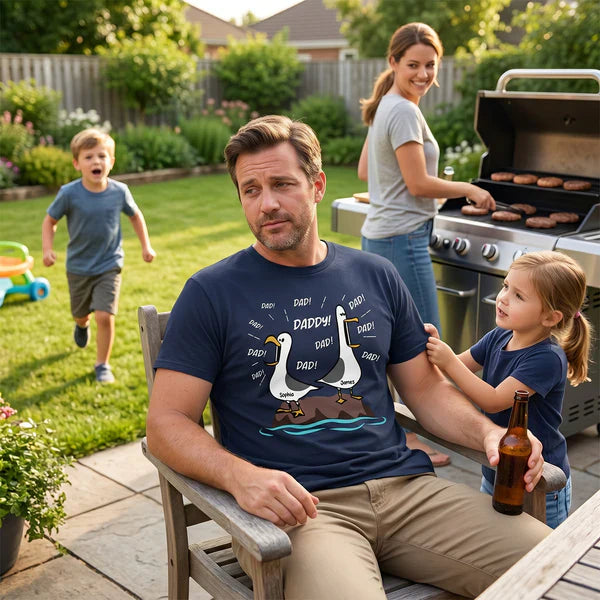 Classic Tee for Dad With Cartoon Seagulls and Daddy Text, Creative Father's Day Gift