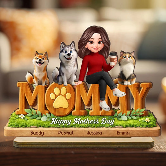 Personalized 2-Layer Wooden Plaque for Dog Mom and Cat Mom, Happy Mother's Day Mommy Design, Unique Gift for Her