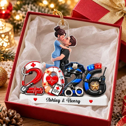 Personalized Acrylic Ornament, Red Illustrated Kissing Nurse & First Responder, Unique Christmas Gift for Couples