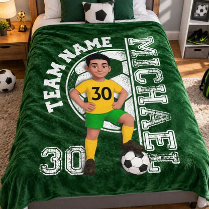 Personalized Fleece Blanket, Soccer Player Posing with Ball, Unique Navy Gift for Son or Grandkid