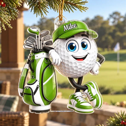 Personalized Acrylic Ornament, Smiling Golf Ball Leaning on Golf Bag, Unique Christmas Gift for Golfers