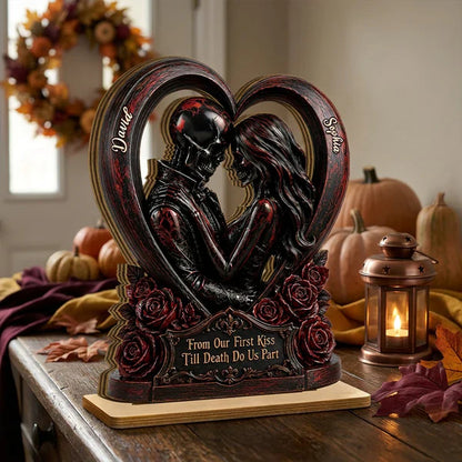 Personalized 2-Layer Wooden Plaque with Gothic Heart & Roses, From Our First Kiss Creative Gift for Couple