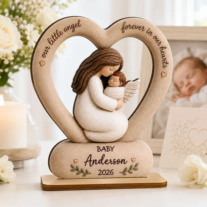 Our Little Angel Forever in Our Hearts Personalized 2-Layer Wooden Plaque, Mother Cradling Baby Angel, Creative Family Gift