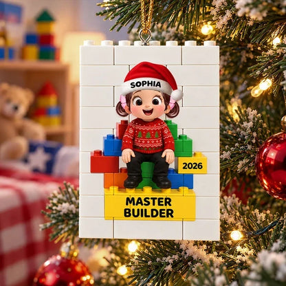 Personalized Building Block Ornament, Sitting Child Master Builder Design, Unique Christmas Gift for Kids