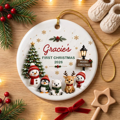 Personalized Ceramic Ornament, Cute Winter Friends Baby's First Christmas Keepsake, Unique Gift for New Parents