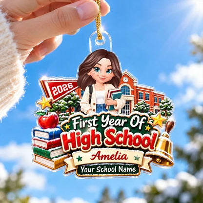 Personalized Acrylic Ornament, Book-Holding Student at Snowy Schoolhouse, Unique Christmas Gift for Daughter