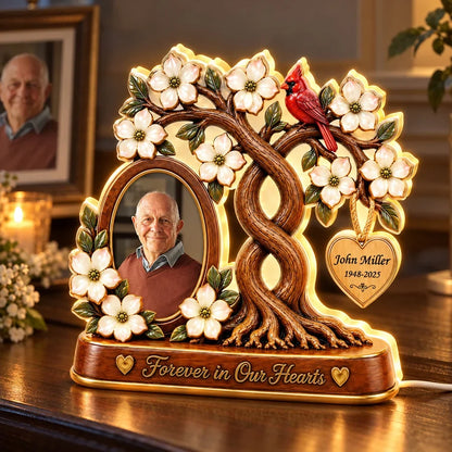 Personalized Acrylic Light Box with Memorial Photo, Flowering Family Tree and Cardinal, Unique Sympathy Gift for Family