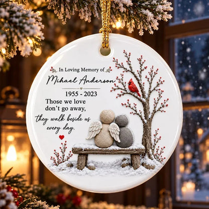 Personalized Ceramic Ornament with Angels on a Snowy Bench and Cardinal, Unique Memorial Gift for Family