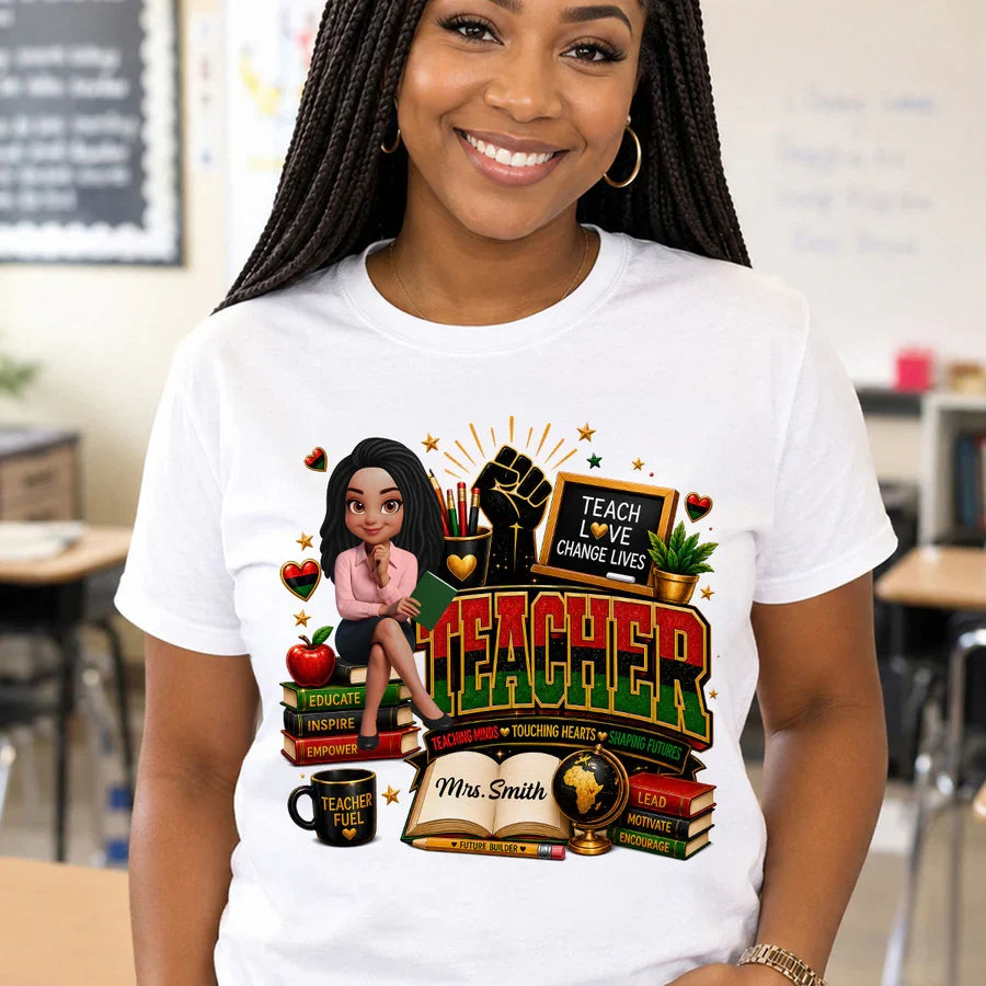 Personalized Classic Tee for African American Teacher, Teach Love Graphic, Unique Creative Gift for School