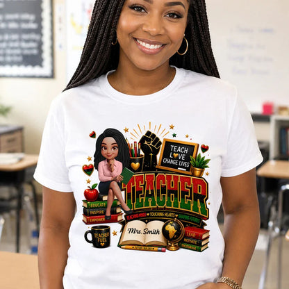 Personalized Classic Tee for African American Teacher, Teach Love Graphic, Unique Creative Gift for School