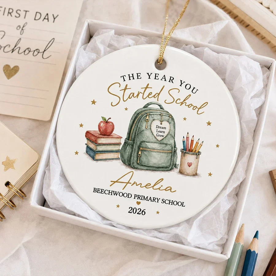 Personalized Ceramic Ornament, Watercolor First Day of School Keepsake, Unique Gift for Students