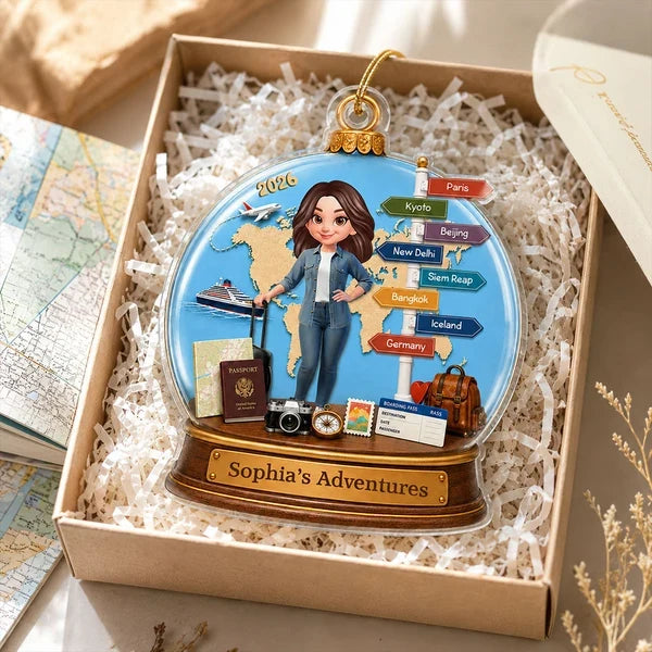 Personalized Acrylic Ornament, Blue Illustrated Woman Traveler with Luggage and World Map, Unique Gift for Travel Lovers