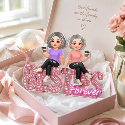 Personalized Shaped Acrylic Block Plaque, Friends Sharing Coffee, Pink Besties Forever, Unique Gift for Best Friend