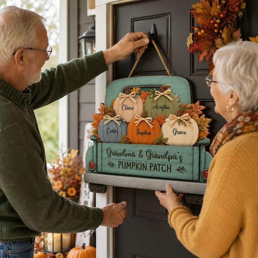 Personalized Wooden Sign with Vintage Pumpkin Truck & Autumn Leaves, Heartwarming Decor, Creative Gift for Grandparents