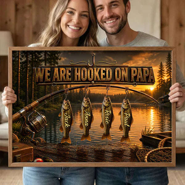 Fishing Rod Sunset Lake Poster, We Are Hooked On Papa, Unique Gift For Dad