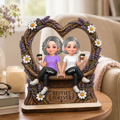 Personalized 2-Layer Wooden Plaque with Sitting Friends, Lavender Heart, Unique Gift for Besties