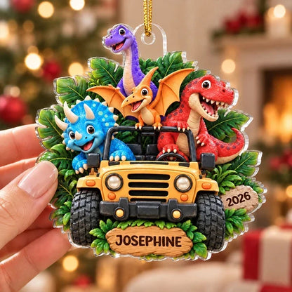 Personalized Acrylic Ornament, Colorful Dinosaurs Riding an Adventure Jeep, Unique Christmas Gift for Kids