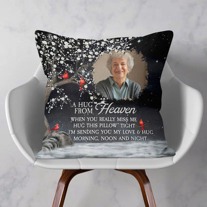 Custom Photo Square Pillow – A Hug From Heaven Memorial Cushion To Hold When You Miss Them, Unique Sympathy Gift & Cozy Room Decor