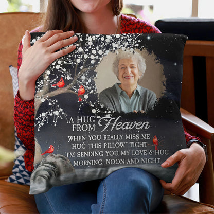 Custom Photo Square Pillow – A Hug From Heaven Memorial Cushion To Hold When You Miss Them, Unique Sympathy Gift & Cozy Room Decor